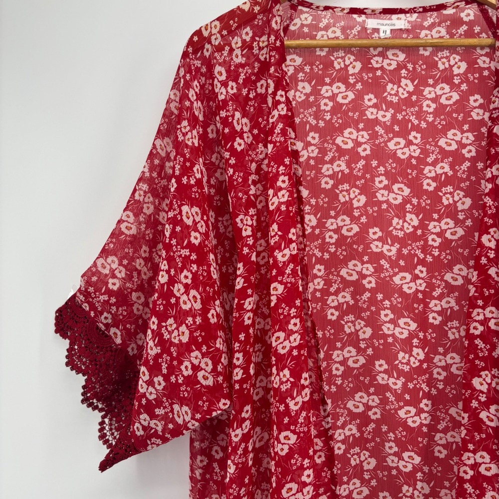 Maurices Ditsy Floral Kimono Wrap Crochet Lace‎ Sheer Open Front Plus Size 1 Red - Picture 3 of 8